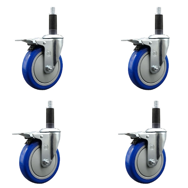 5'' Blue Poly Swivel 1'' Expanding Stem Caster Set Total Lock Brake, 4PK